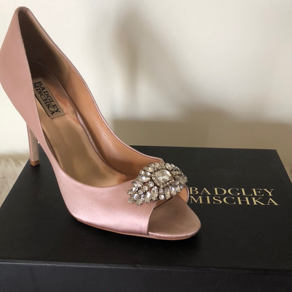 Badgley Mischka Pink Satin Heels with Crystal Embellishment